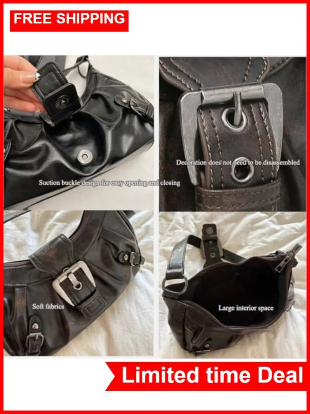 Y2K Faux Leather Hobo Bag, Punk Shoulder Purse with Metal Buckle
